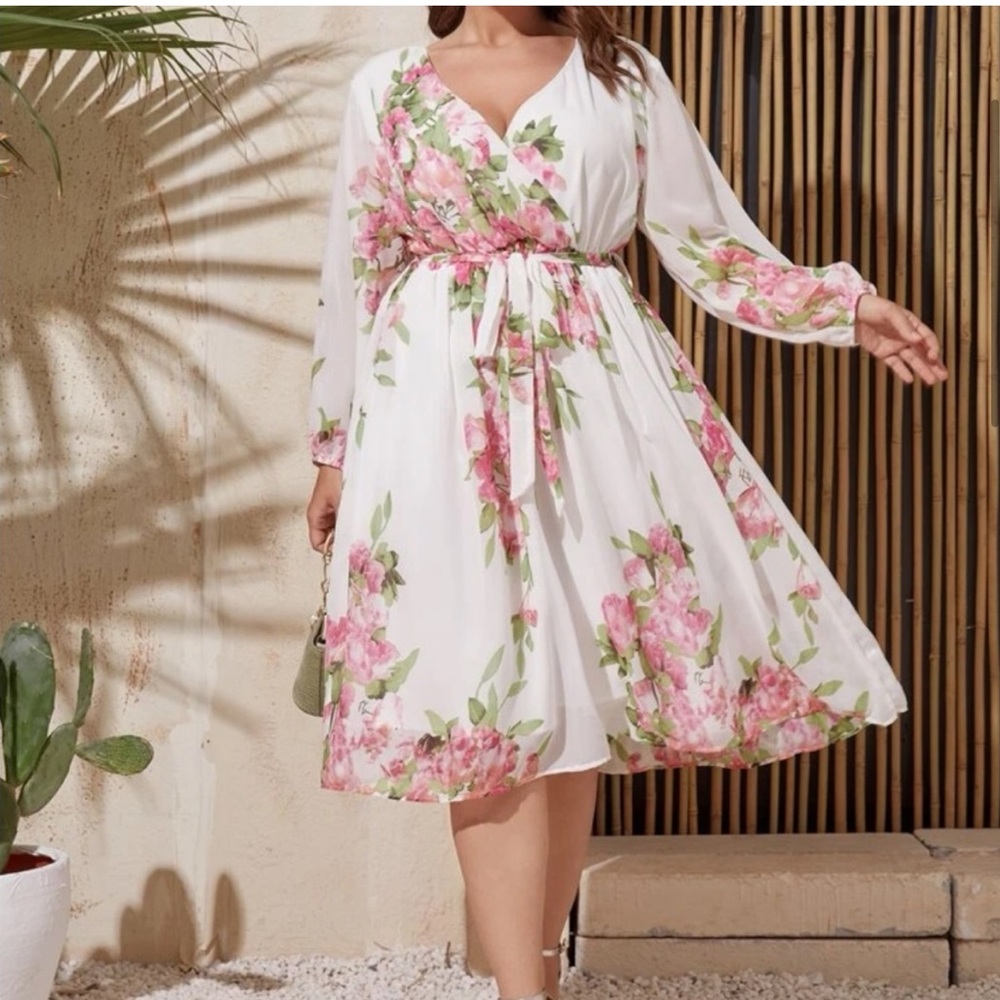 COPY - Boho plus white pink floral print wrap belted A-line dress - Picture 6 of 6